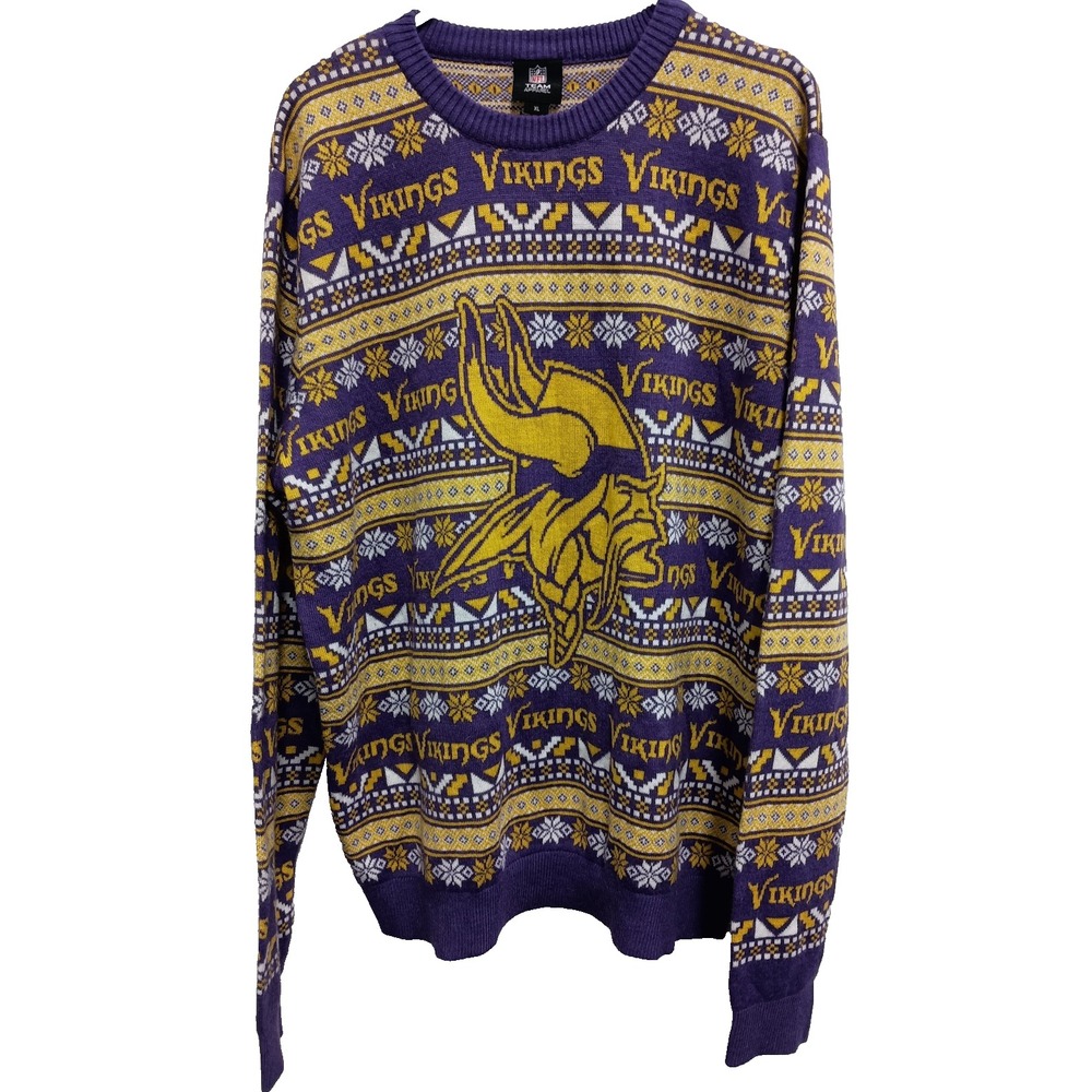 NFL MN Vikings Sweater Mens XL Yellow Purple Allover Print Pullover Logo Holiday